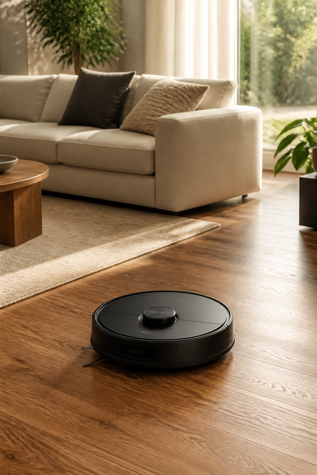 Modern salonda çalışan siyah robot süpürge